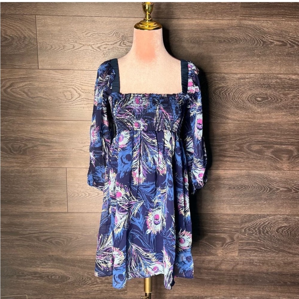 Three Eighty-Two Smocked, Puff Sleeve Mini Dress in Peacock. NWT